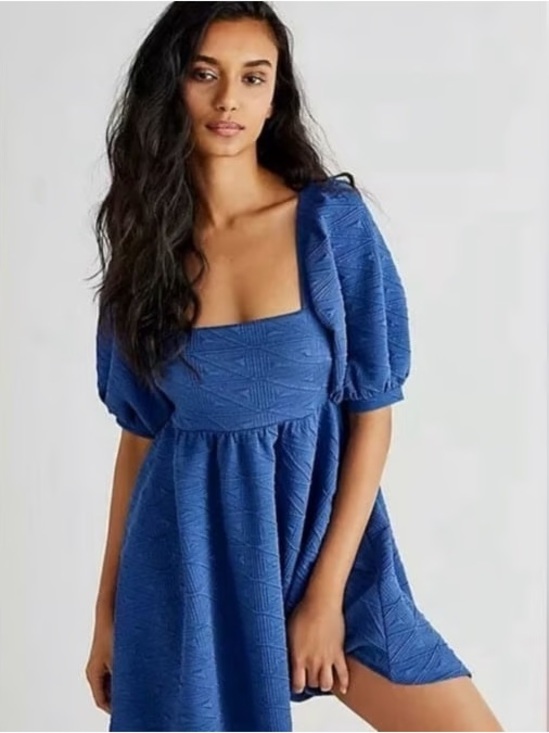 Free People Dresses & Skirts - Free People Violet Puff-Sleeve Square-Neck Mini Dress - Dark Blue Navy